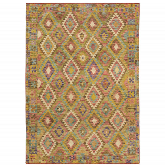 4' X 6' Gold Orange Brown Red Green Purple And Beige Southwestern Printed Stain Resistant Non Skid Area Rug