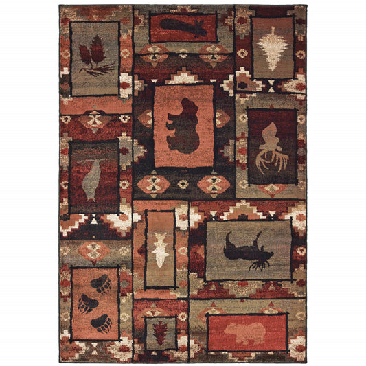 4' X 6' Brown Rust Berry Sage Green Gold And Ivory Southwestern Power Loom Stain Resistant Area Rug